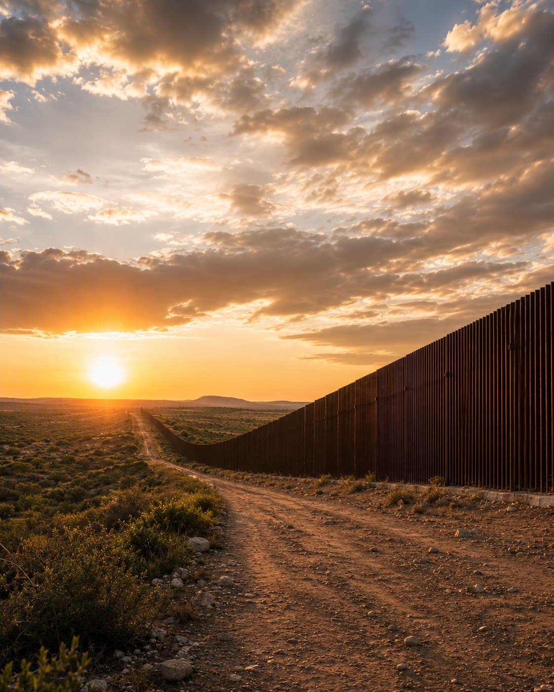 Steel border wall stretching across the Texas desert toward the horizon at sunset